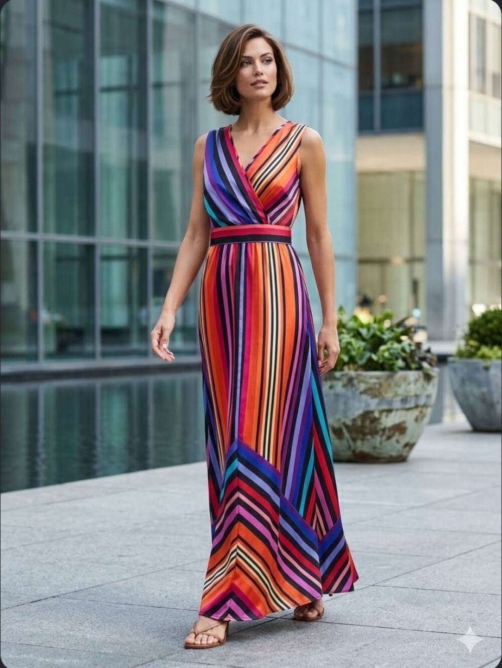 NWT Worthington Bright Multi-Colored Striped V-Neck Empire Waist Maxi Dress - 6